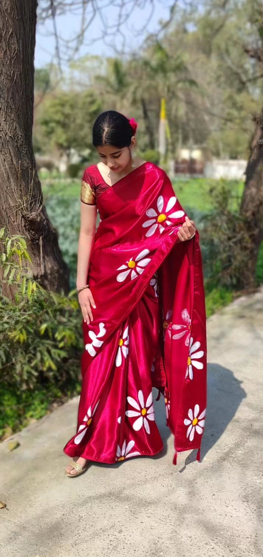Mehroon Hand-painted  silk saree with tassels