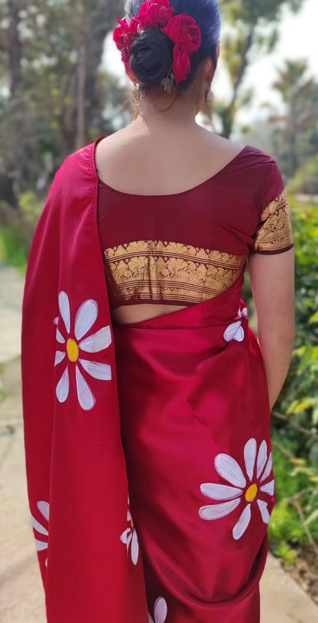 Mehroon Hand-painted  silk saree with tassels