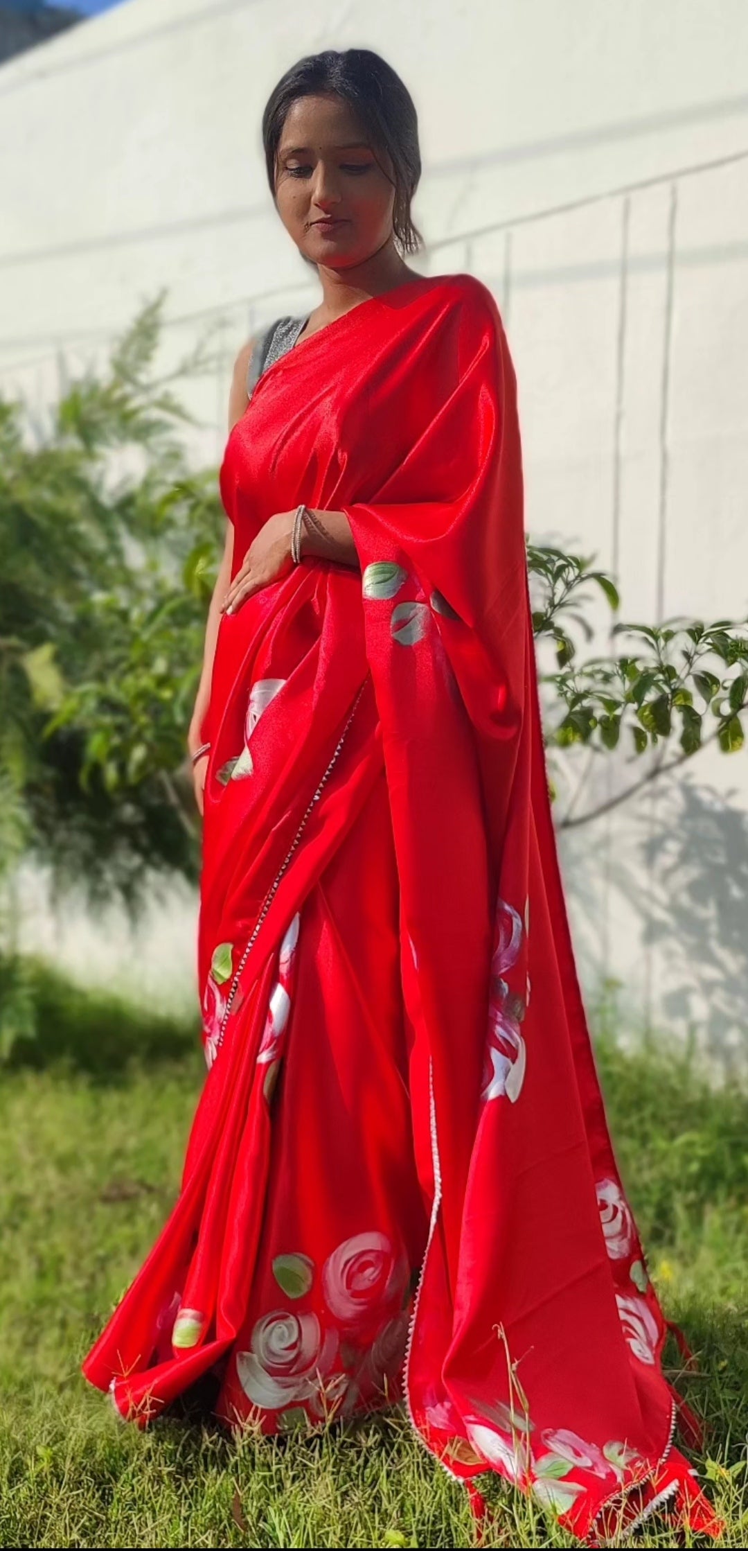 Red Hand-painted silk saree