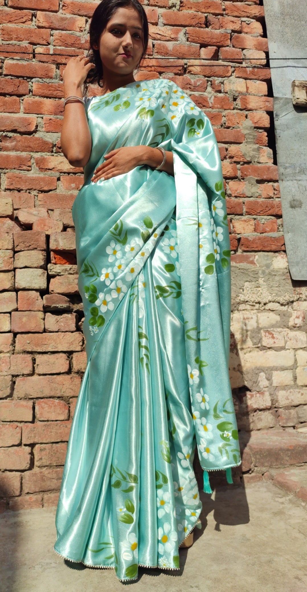 Hand-painted sapphire blue silk saree.