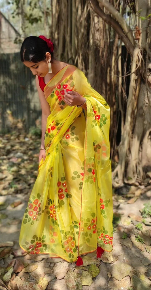 Yellow Hand-painted  organza saree with  beautiful Red tassels