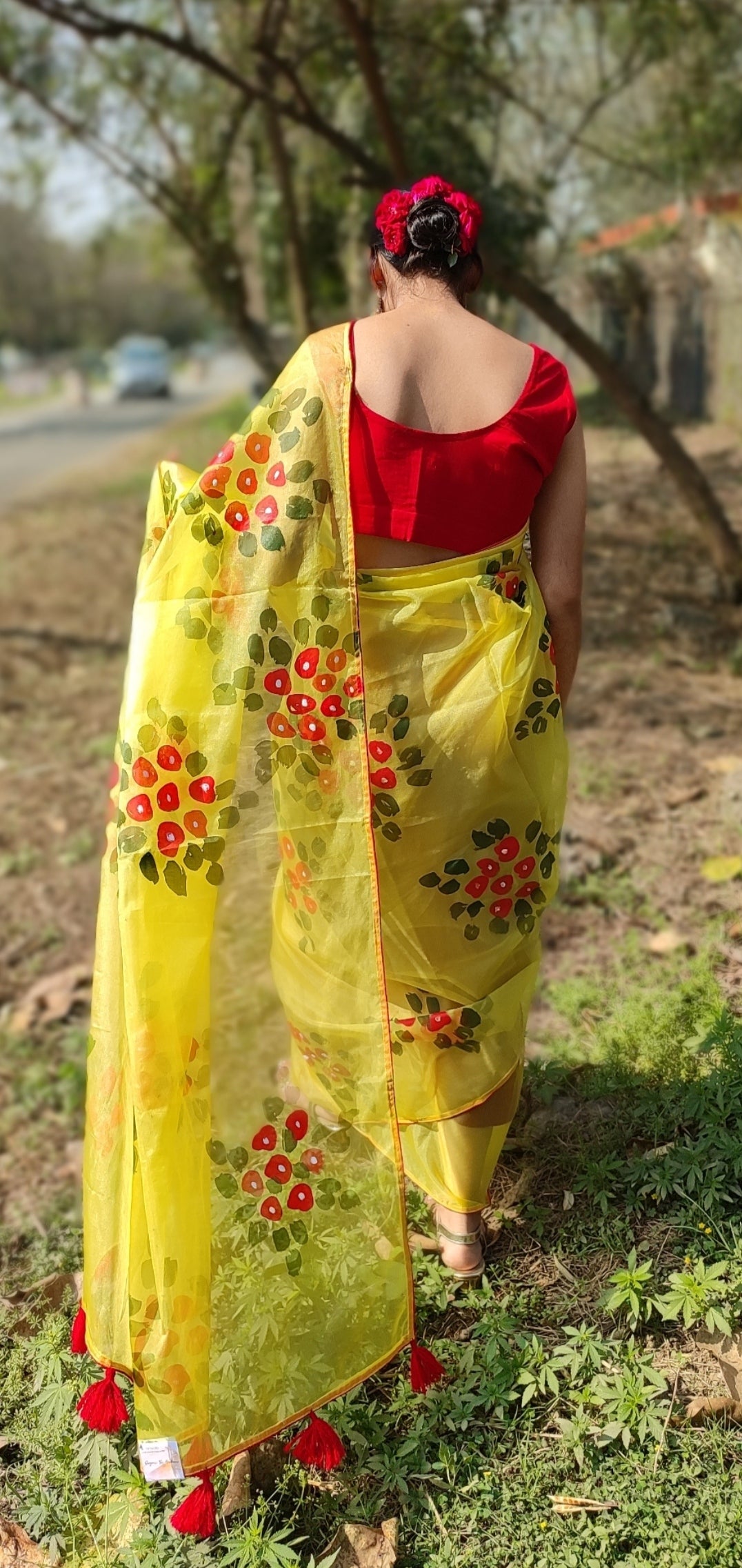 Yellow Hand-painted  organza saree with  beautiful Red tassels