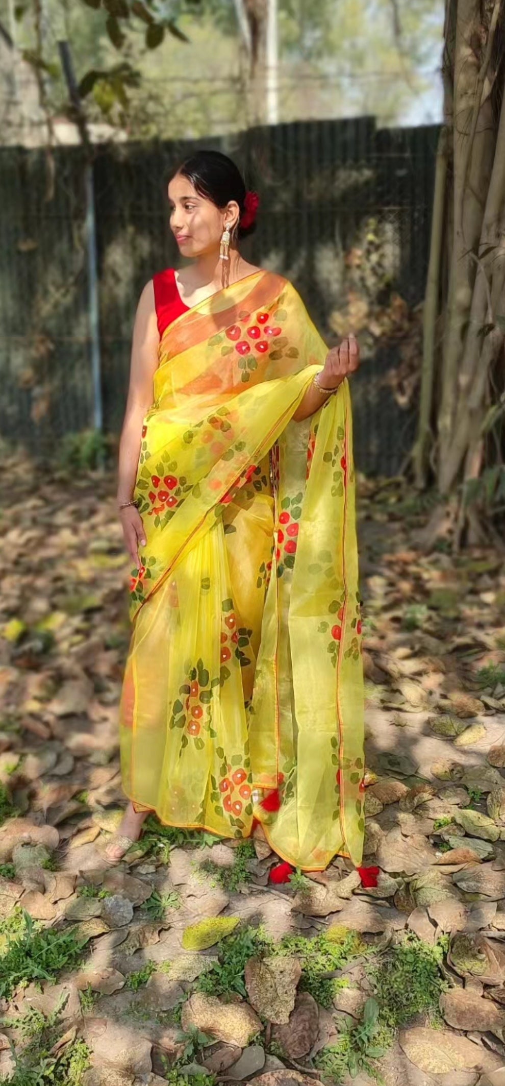 Yellow Hand-painted  organza saree with  beautiful Red tassels