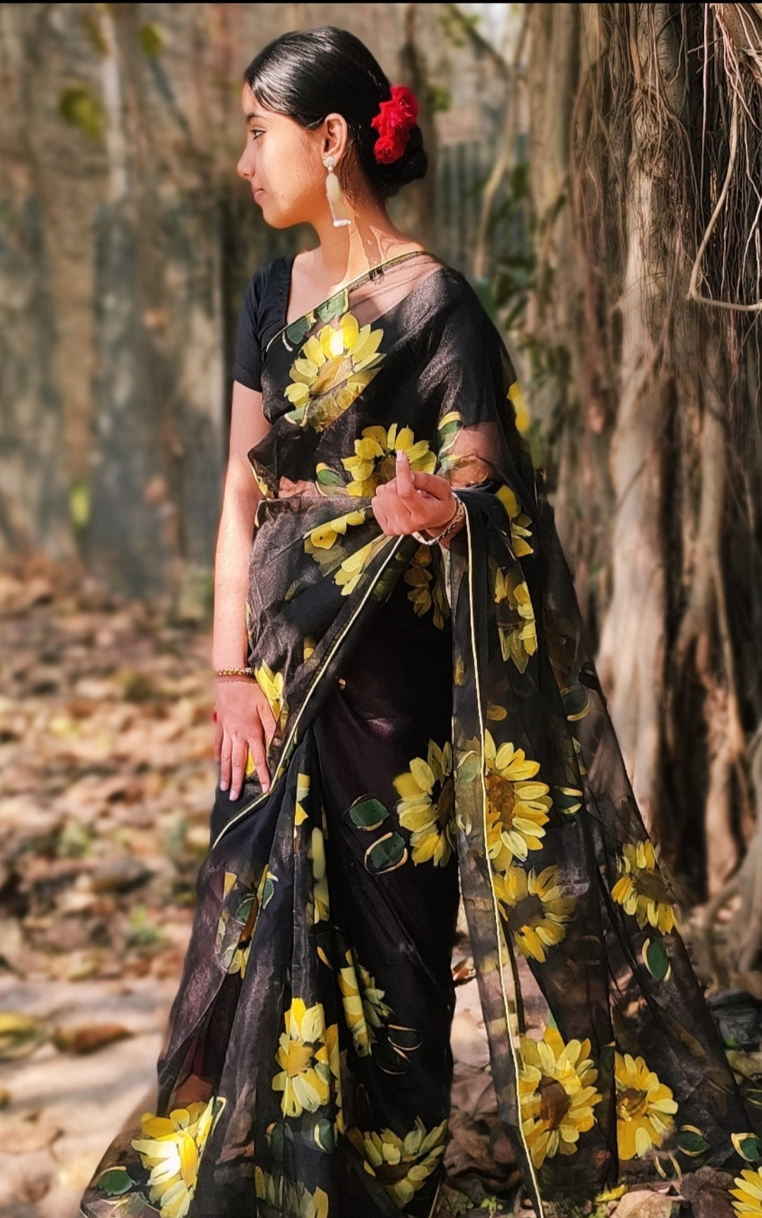 Black Hand-painted organza saree with tassels