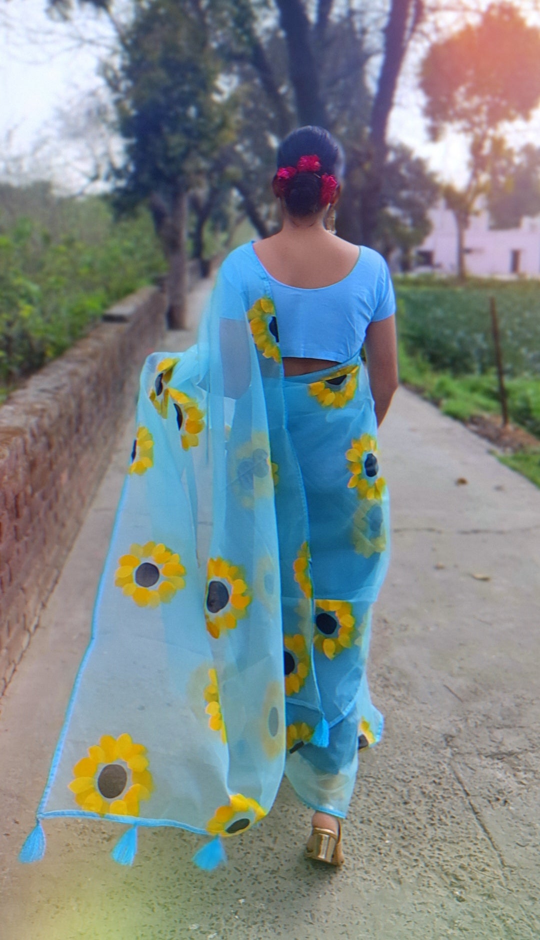 Sky blue Hand-painted  organza saree with tassels