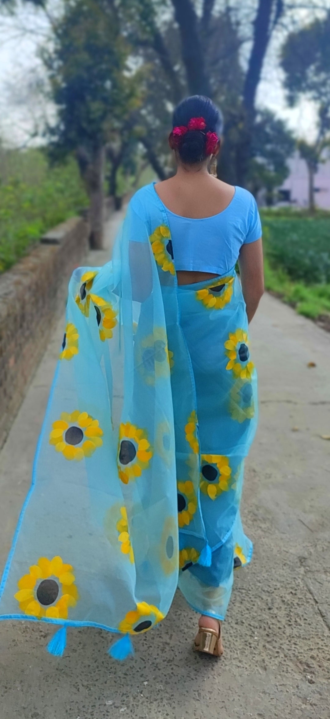 Sky blue Hand-painted  organza saree with tassels