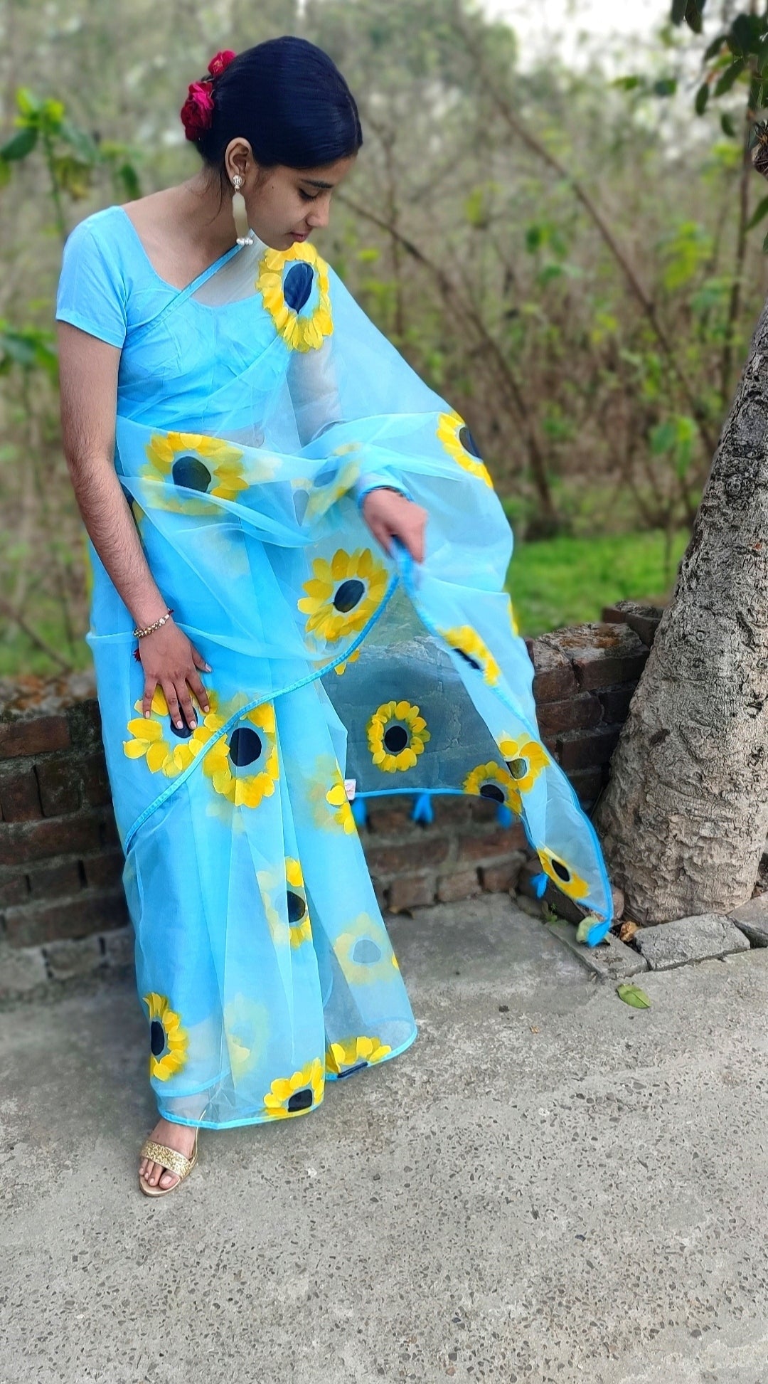Sky blue Hand-painted  organza saree with tassels