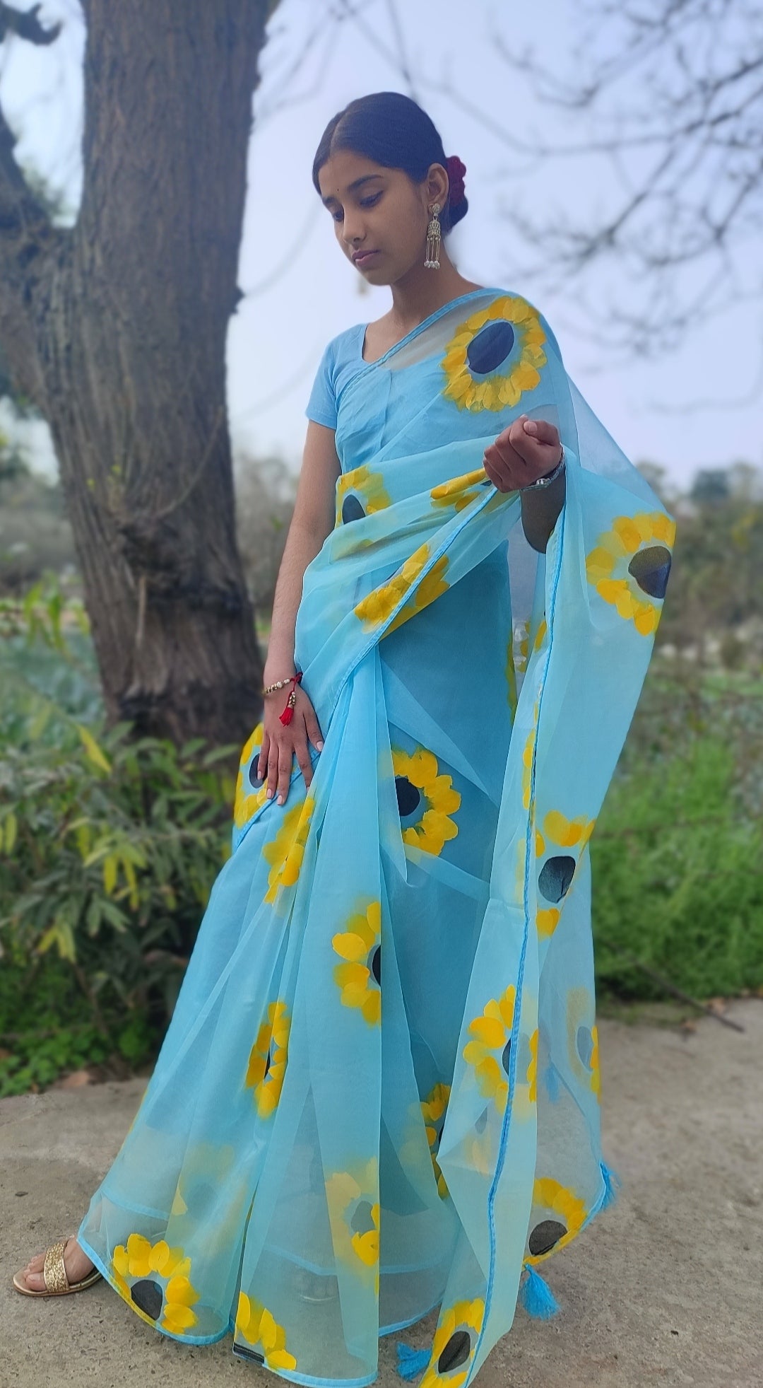 Sky blue Hand-painted  organza saree with tassels