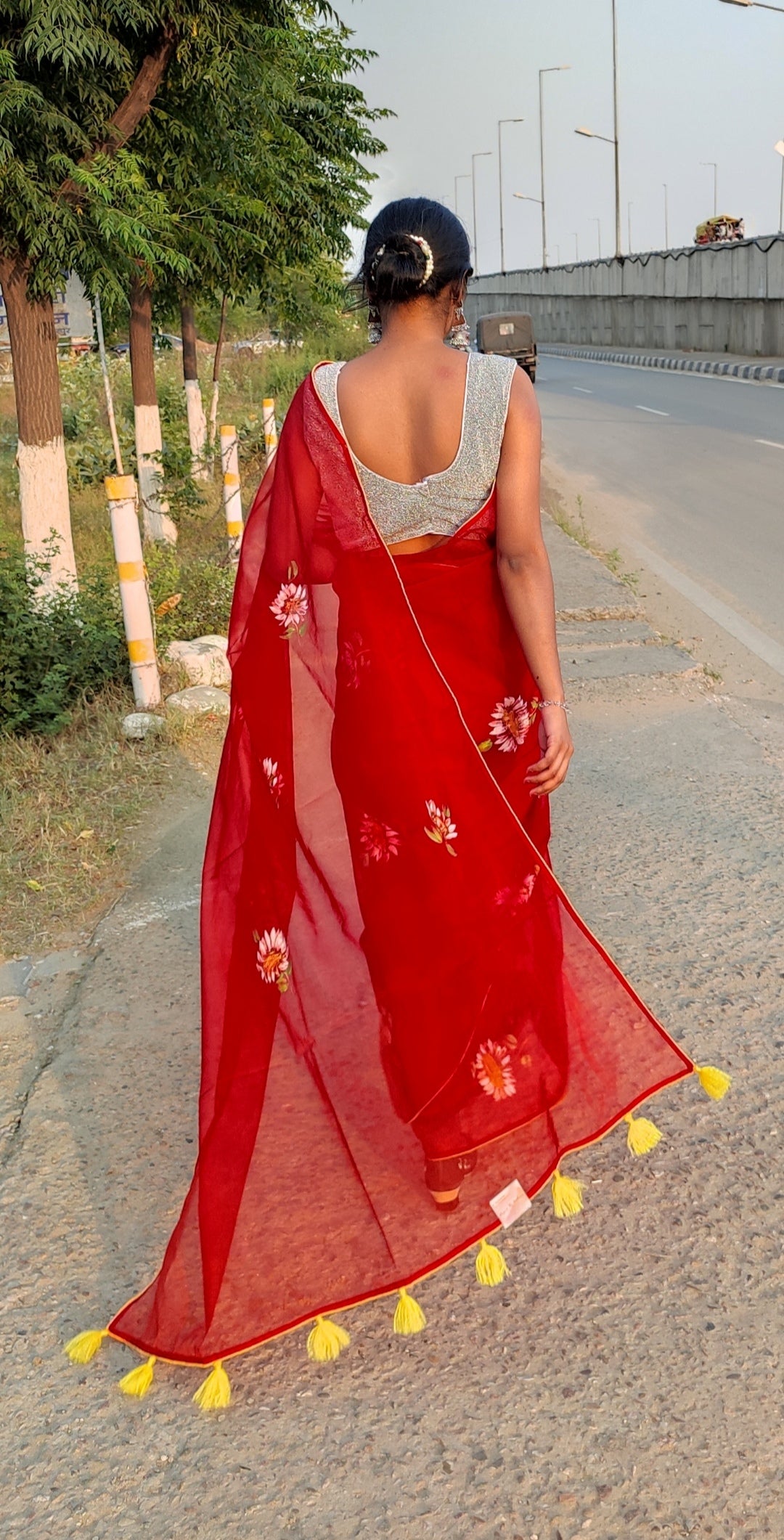 Red Hand-painted organza saree with tassels