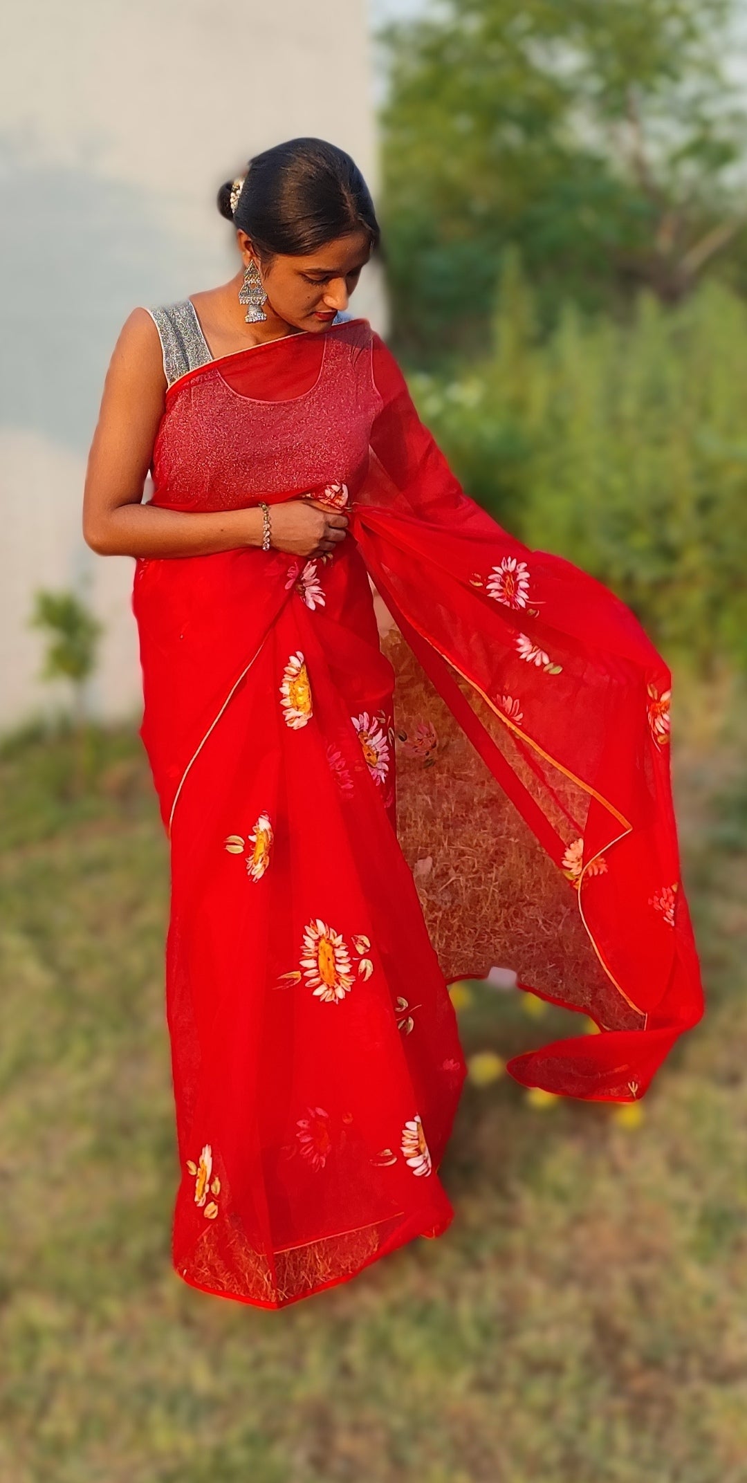 Red Hand-painted organza saree with tassels