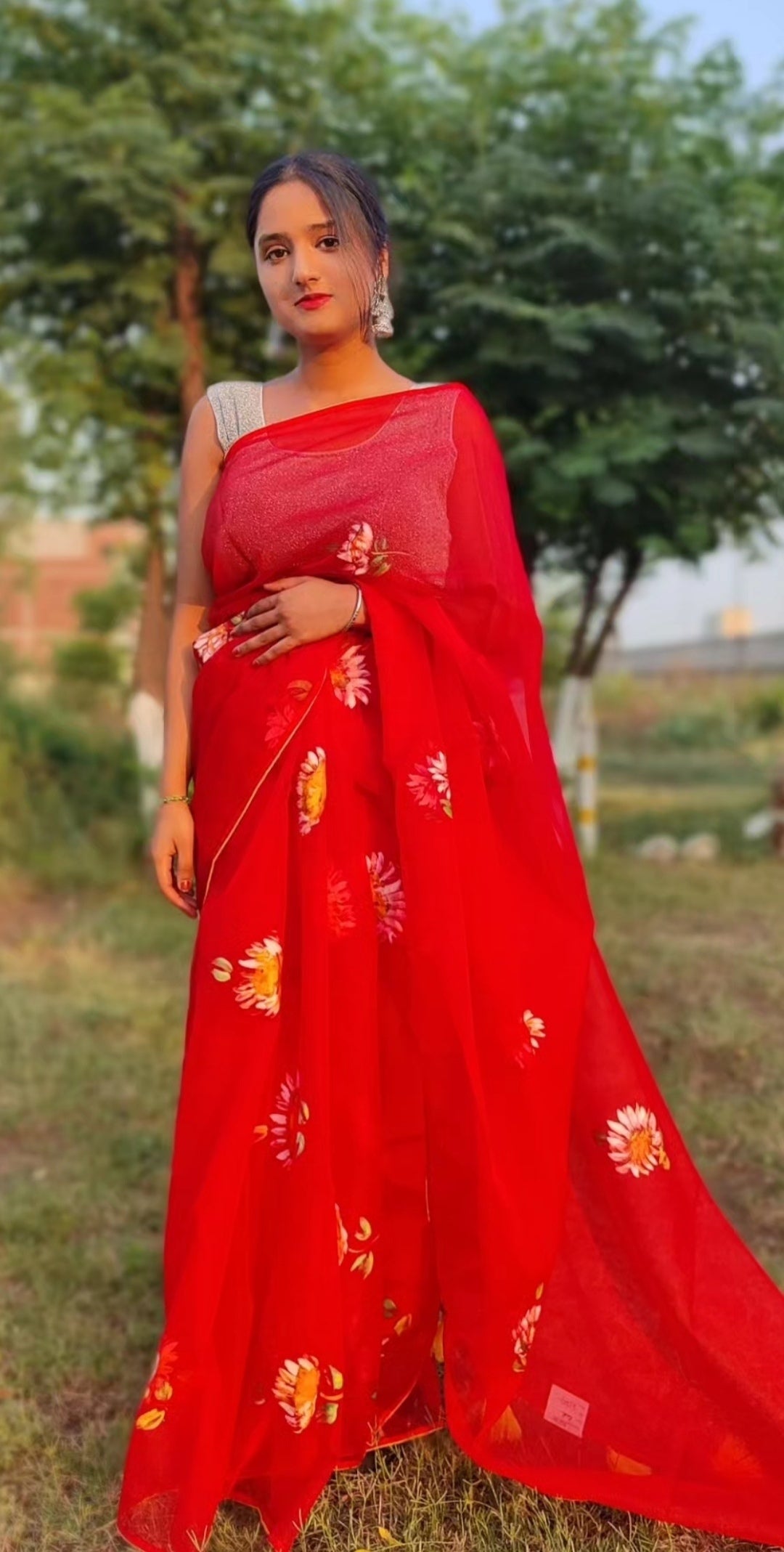 Red Hand-painted organza saree with tassels