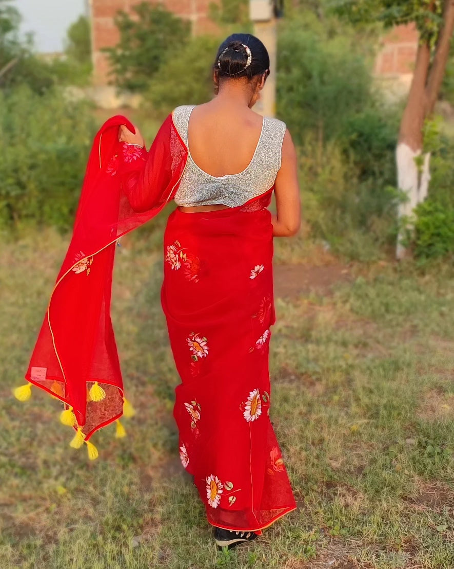 Red Hand-painted organza saree with tassels