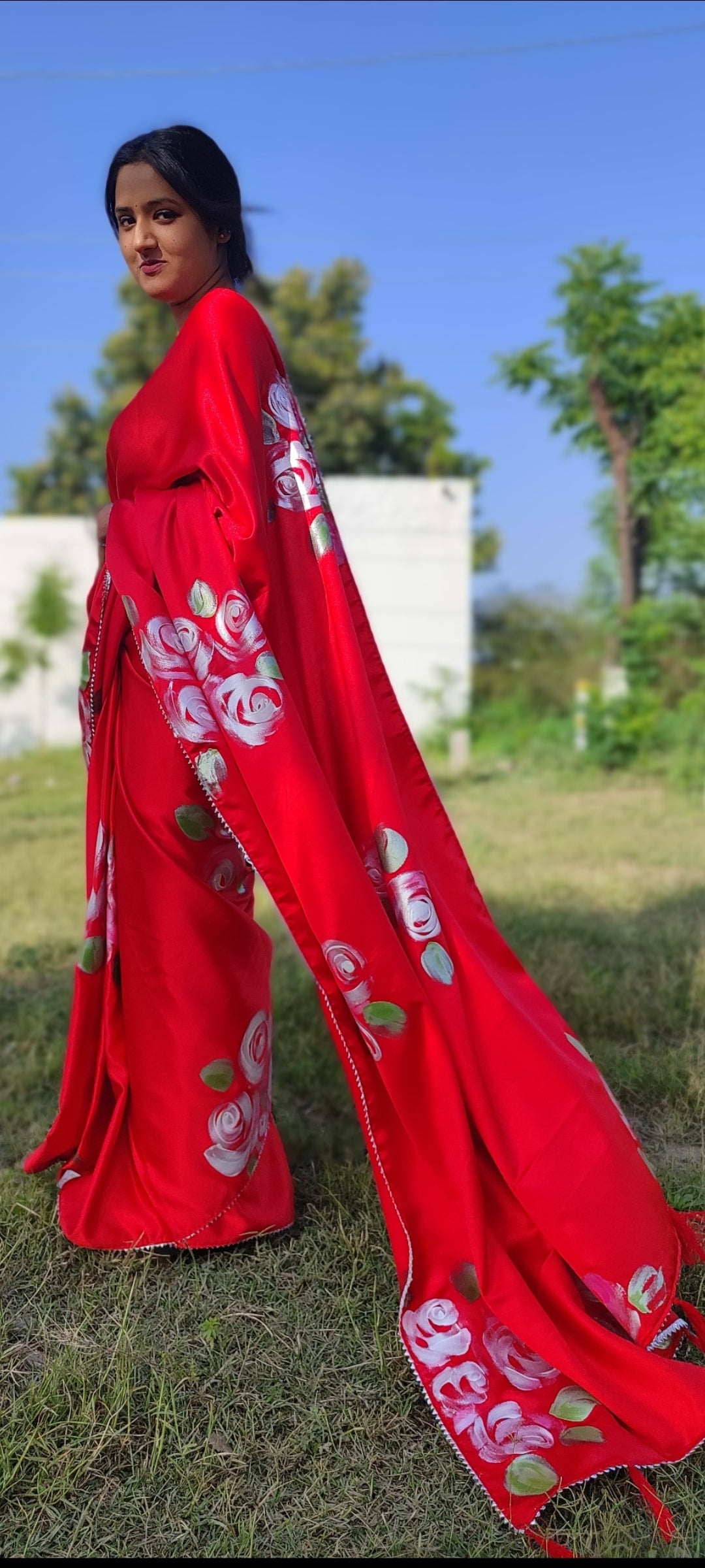 Red Hand-painted silk saree
