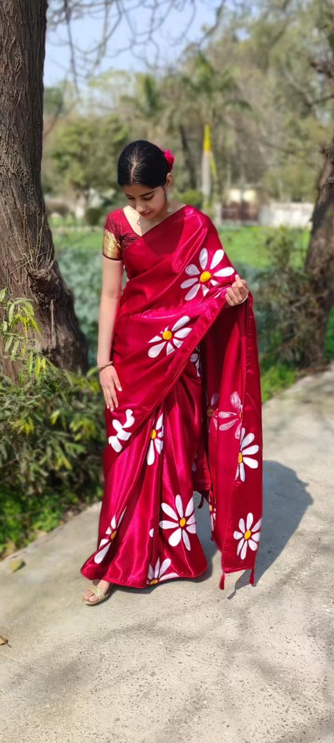 Mehroon Hand-painted  silk saree with tassels