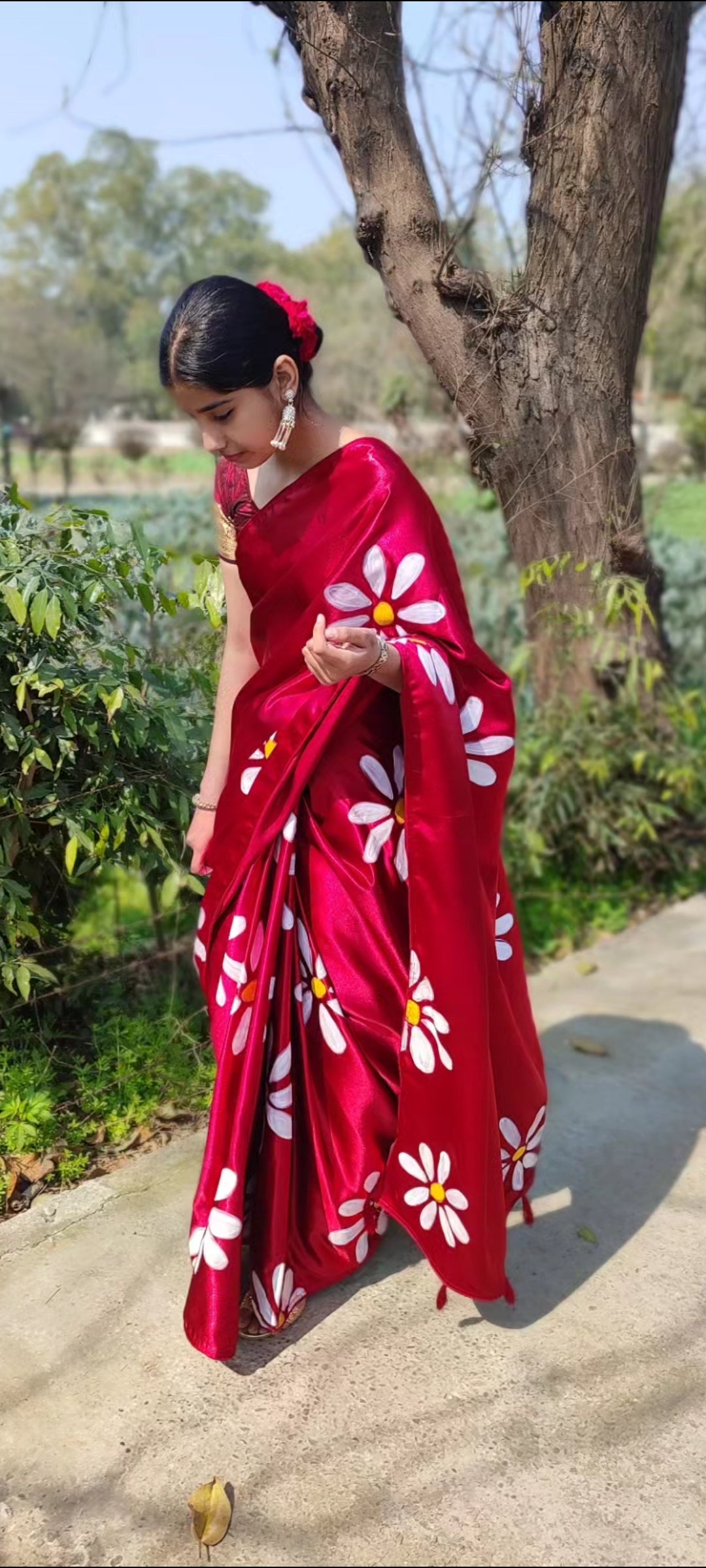 Mehroon Hand-painted  silk saree with tassels