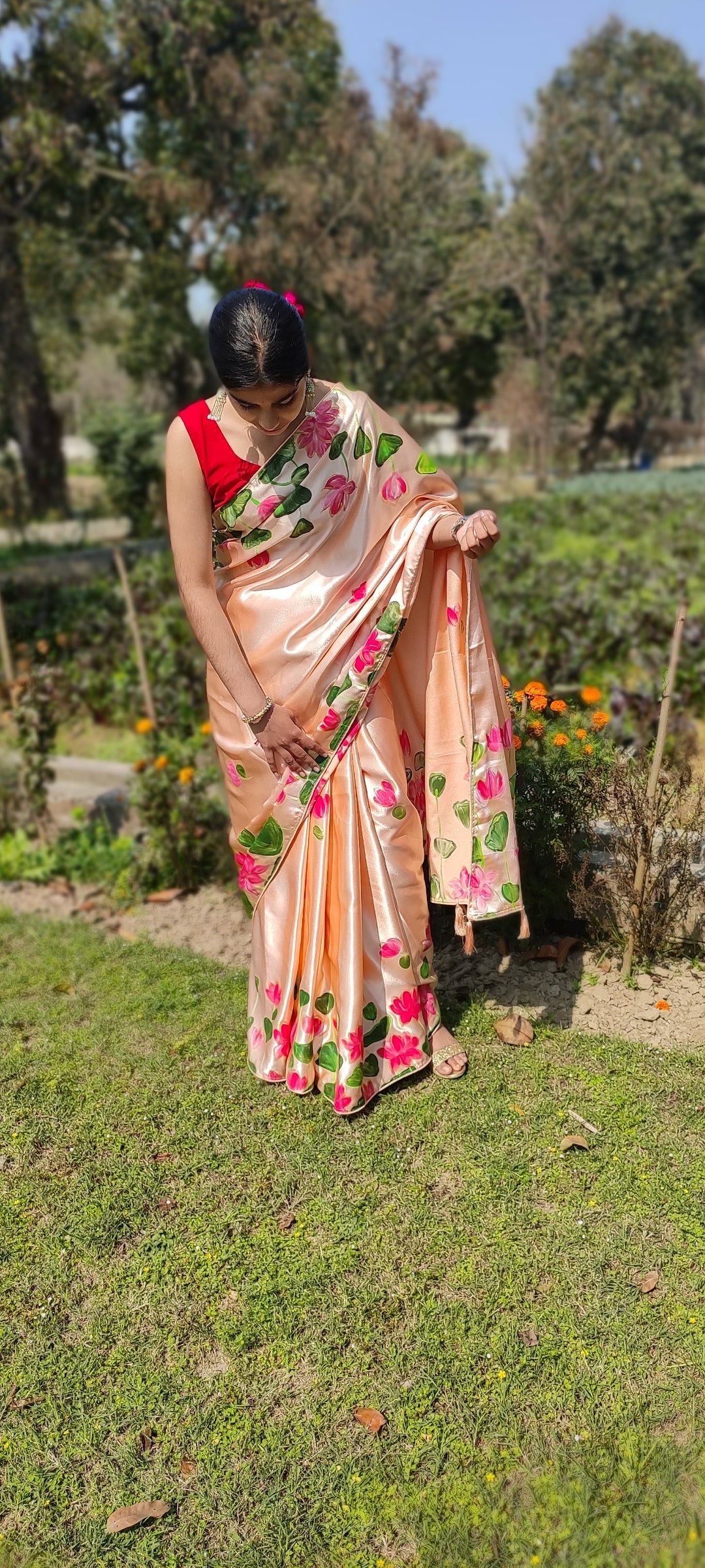 Peach Hand-painted  lotus silk saree