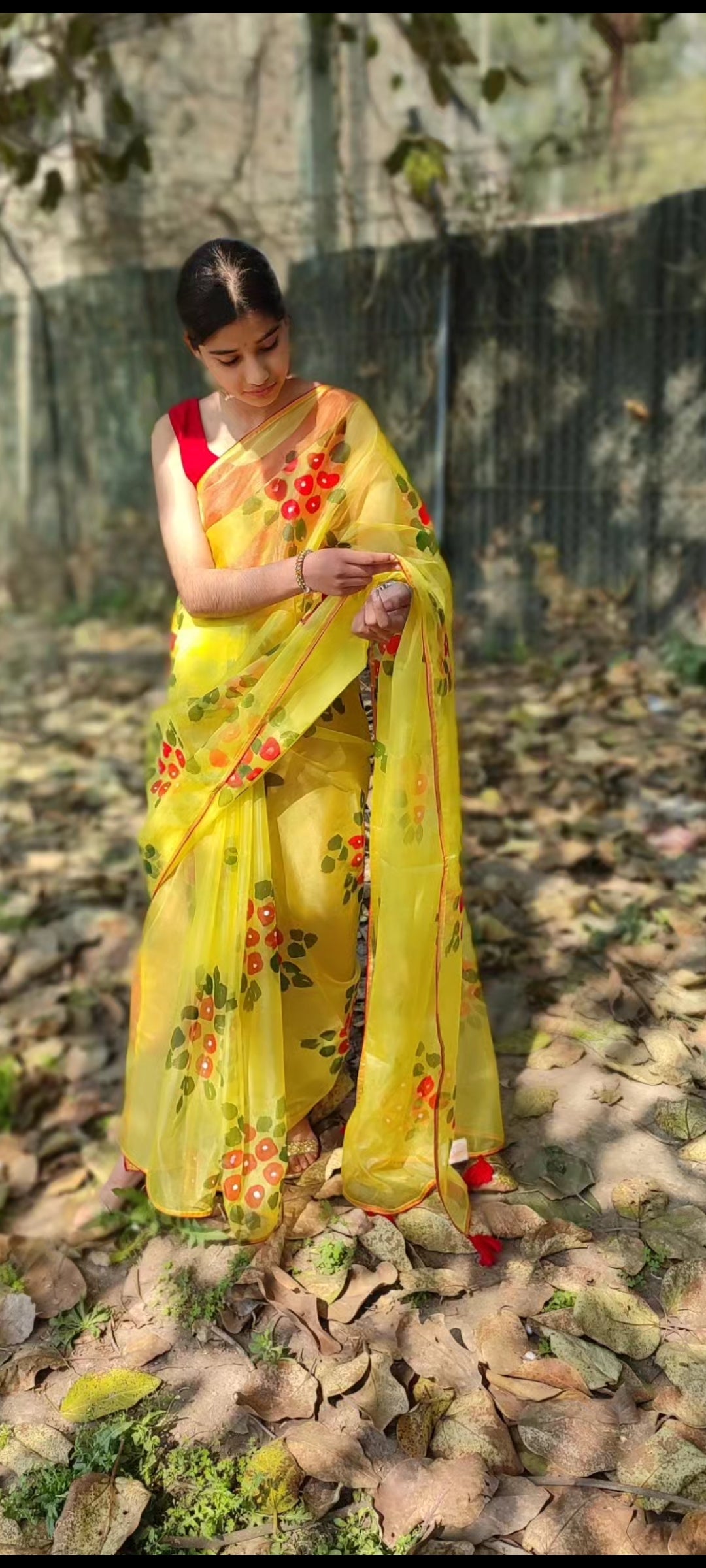 Yellow Hand-painted  organza saree with  beautiful Red tassels