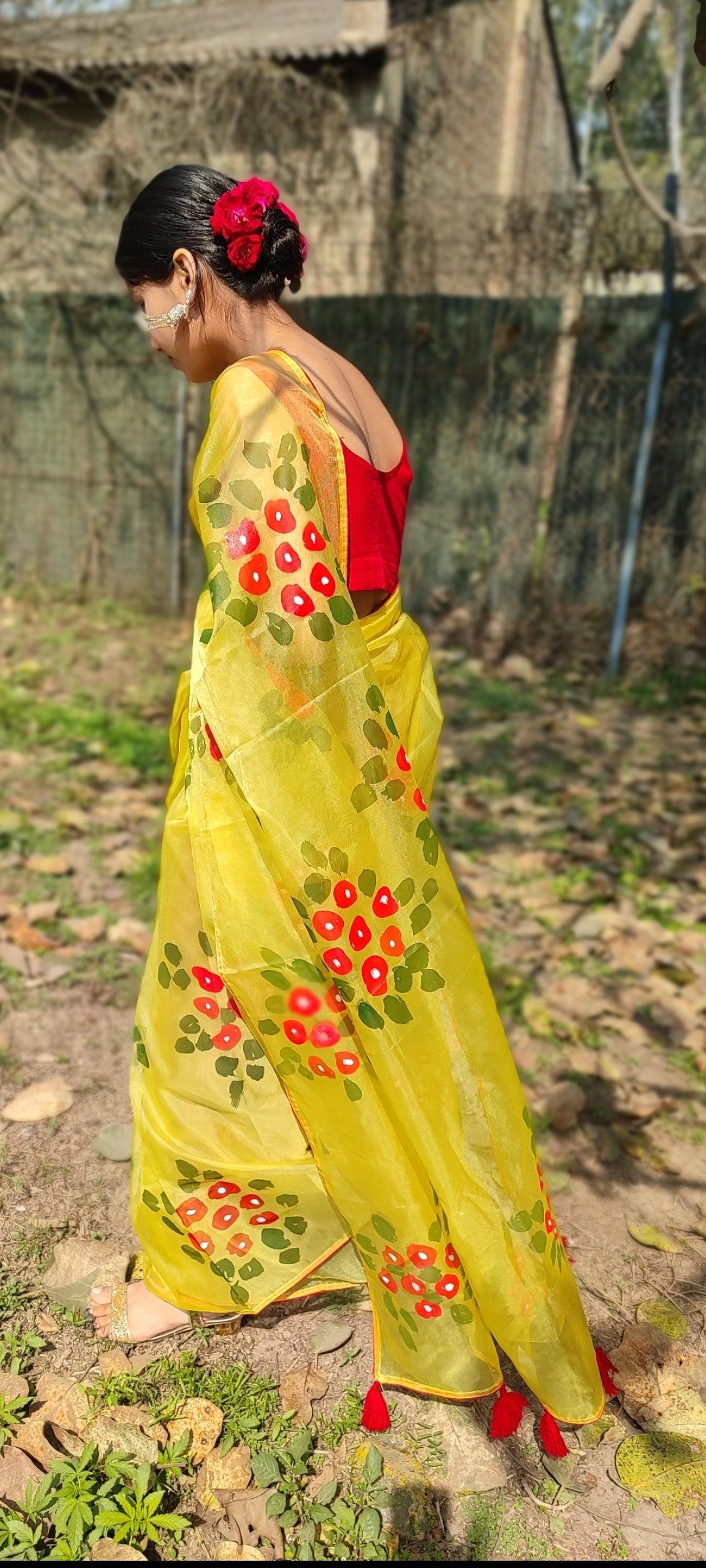 Yellow Hand-painted  organza saree with  beautiful Red tassels