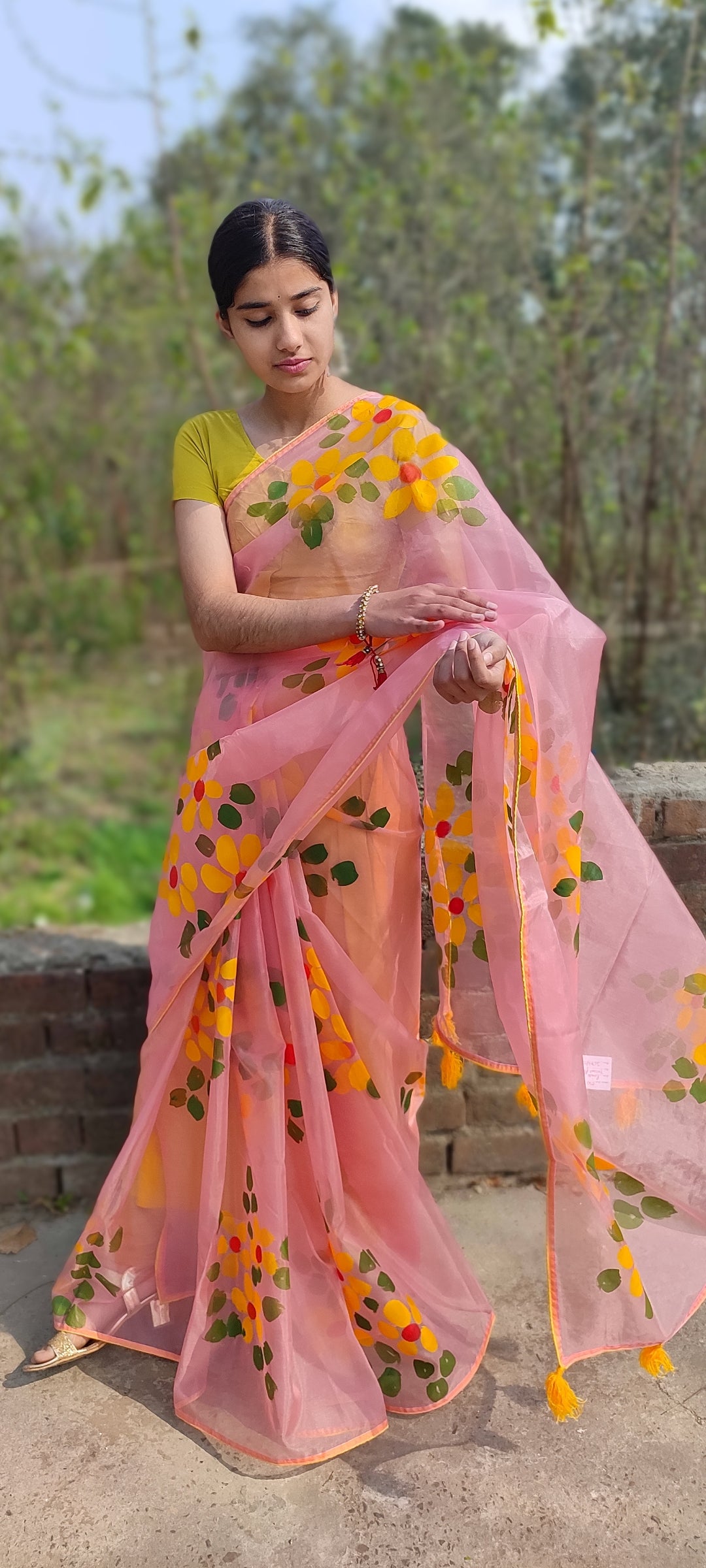 Peach Hand-painted organza saree with beautiful tassels