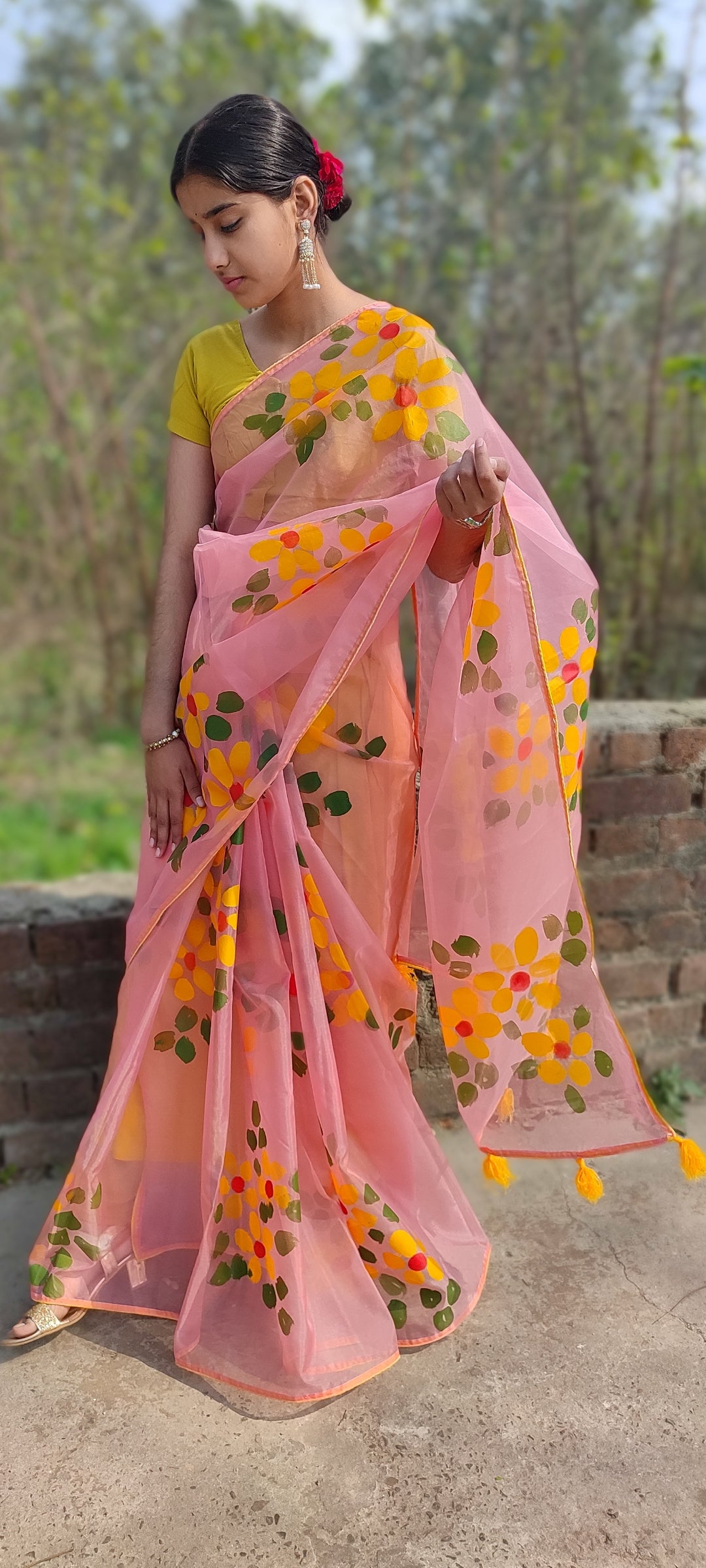 Peach Hand-painted organza saree with beautiful tassels