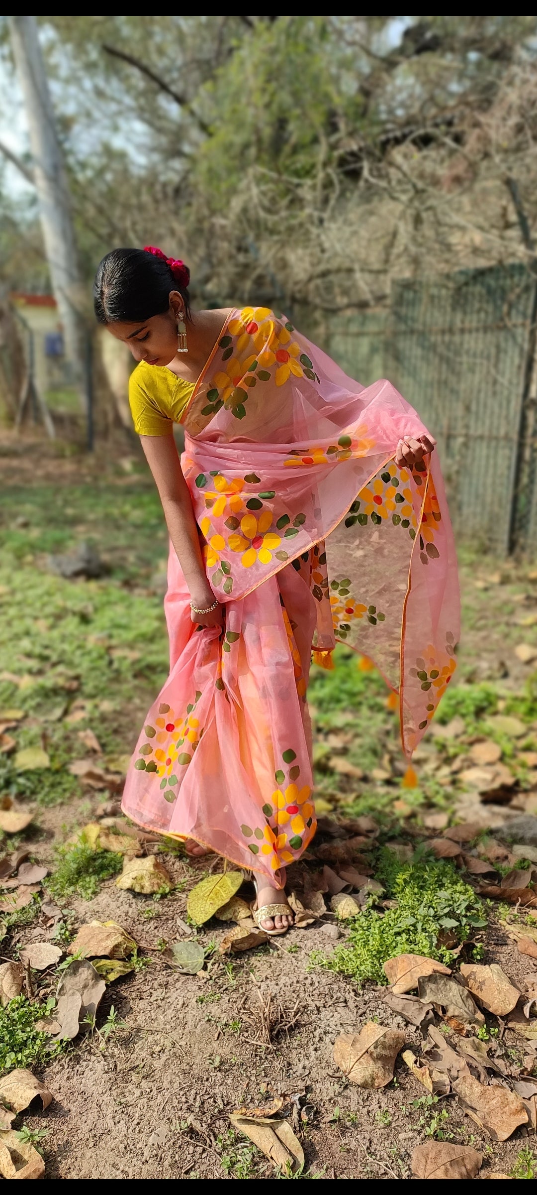 Peach Hand-painted organza saree with beautiful tassels