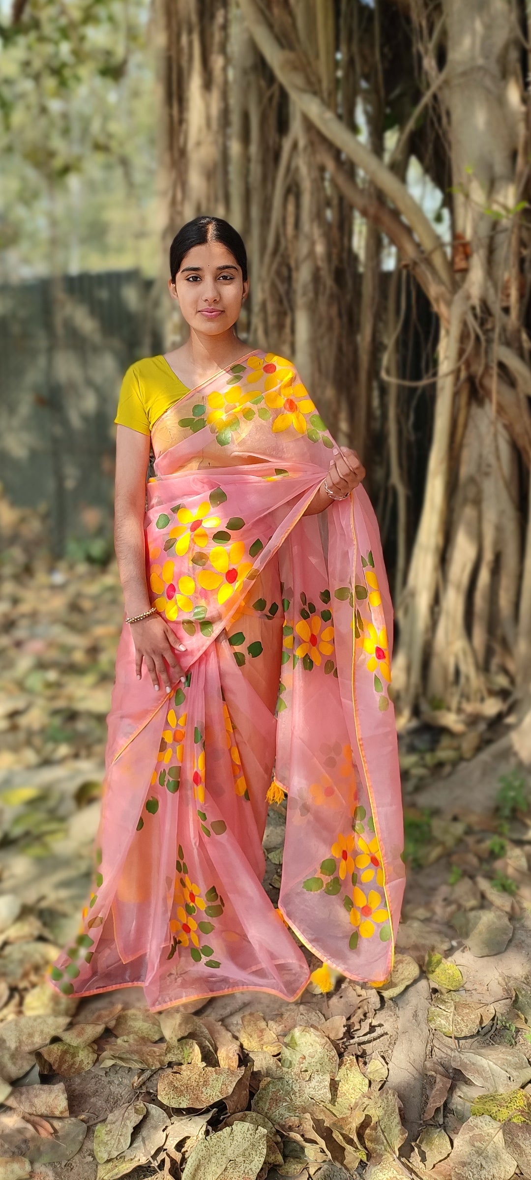 Peach Hand-painted organza saree with beautiful tassels