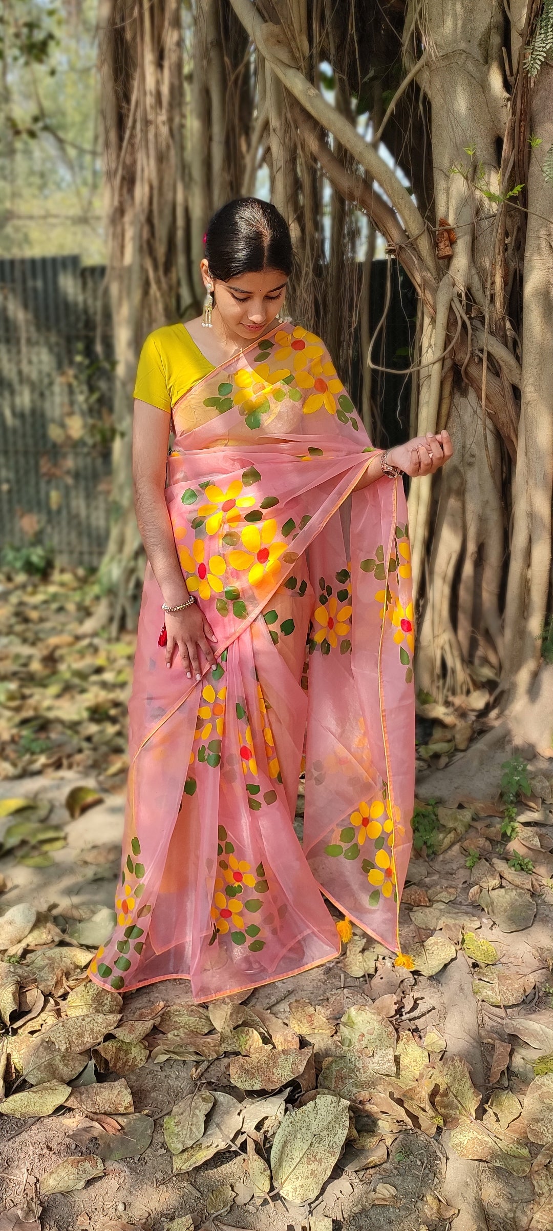 Peach Hand-painted organza saree with beautiful tassels