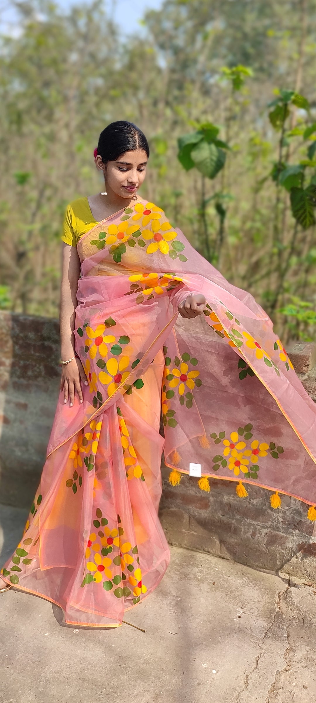Peach Hand-painted organza saree with beautiful tassels