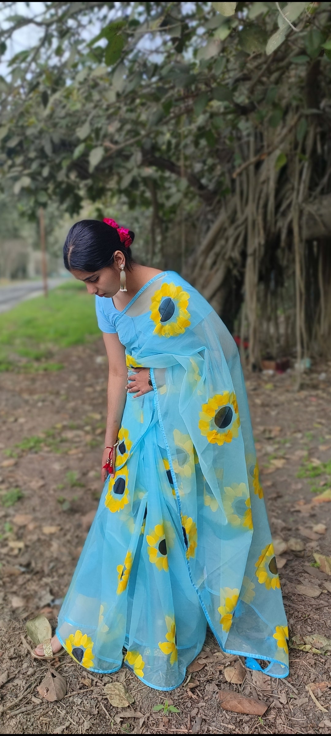 Sky blue Hand-painted  organza saree with tassels