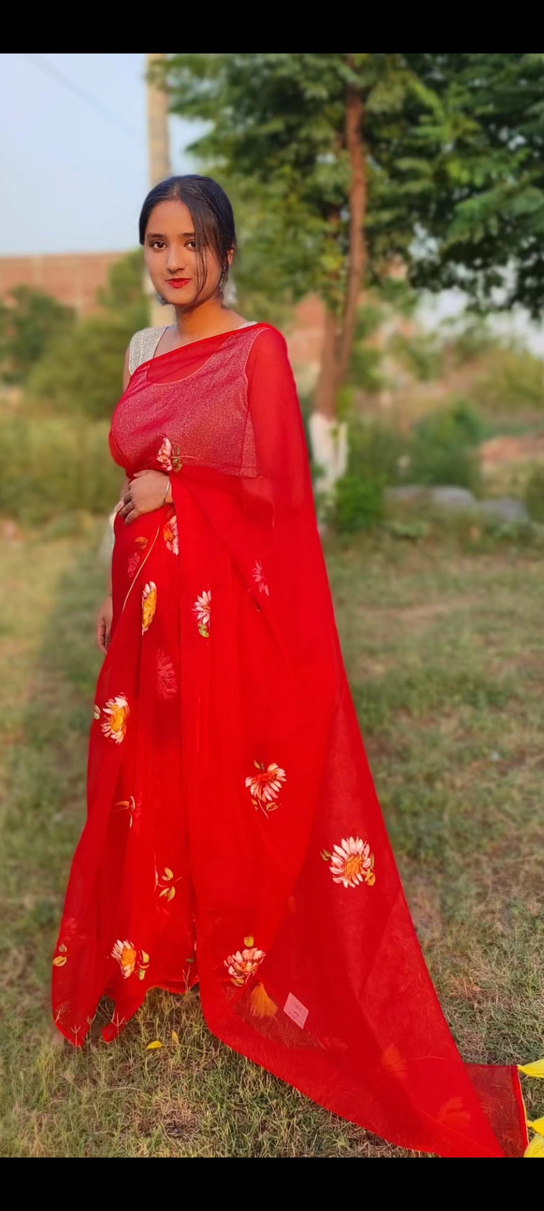 Red Hand-painted organza saree with tassels