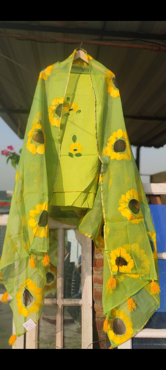 Handpainted sunflower on pure cotton suit with kota doria dupatta.