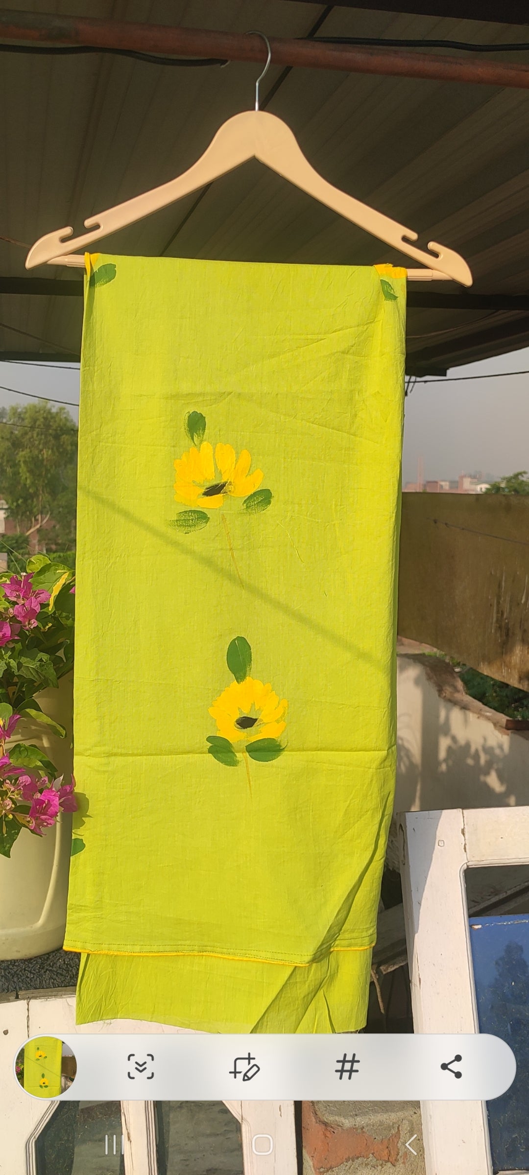 Handpainted sunflower on pure cotton suit with kota doria dupatta.