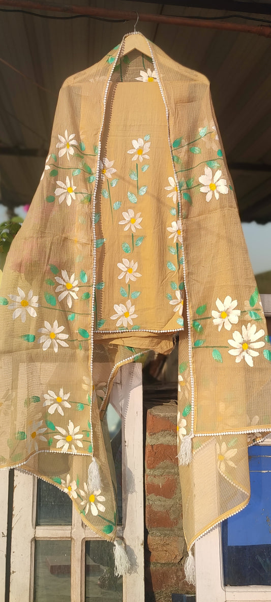 Hand-painted white flowers brown cotton suit with kota dupatta