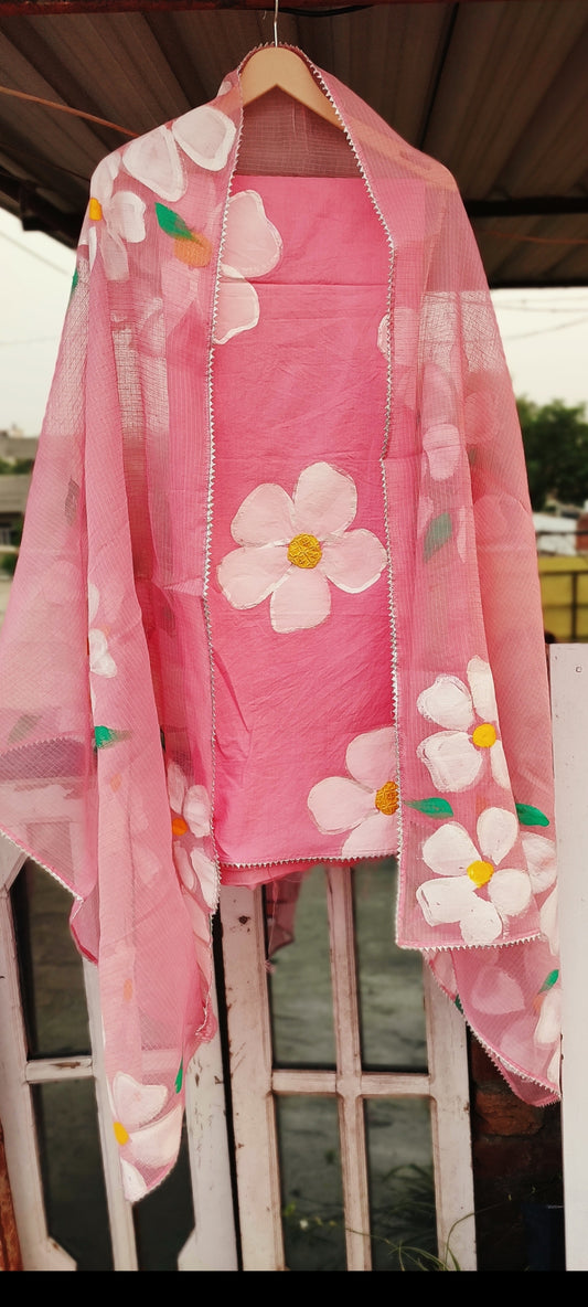 Hand-painted  pink cotton suit with beautiful flowers
