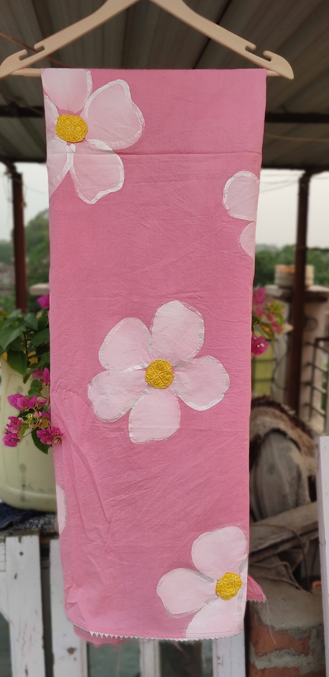 Hand-painted  pink cotton suit with beautiful flowers