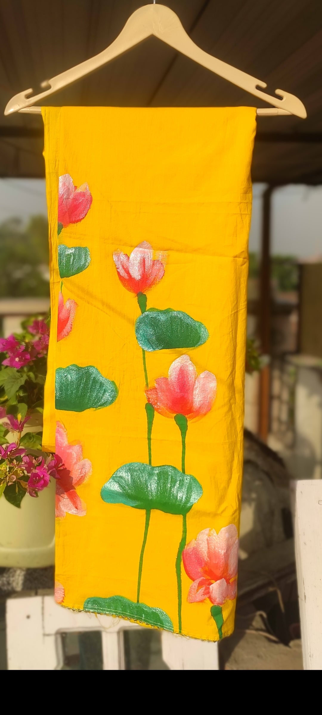 Hand-painted lotus on yellow pure cotton suit with pure chiffon dupatta