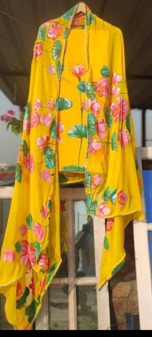Hand-painted lotus on yellow pure cotton suit with pure chiffon dupatta