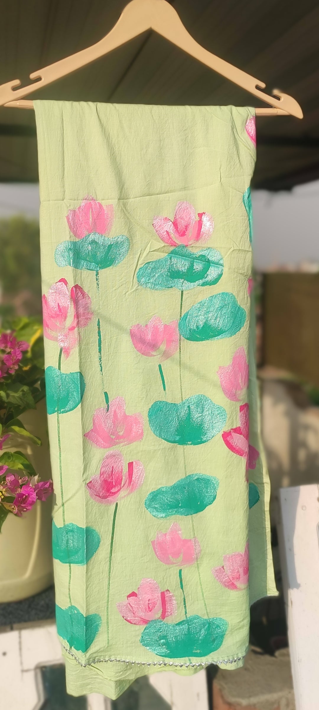 Hand painted  lotus on pista cotton suit with pure chiffon dupatta