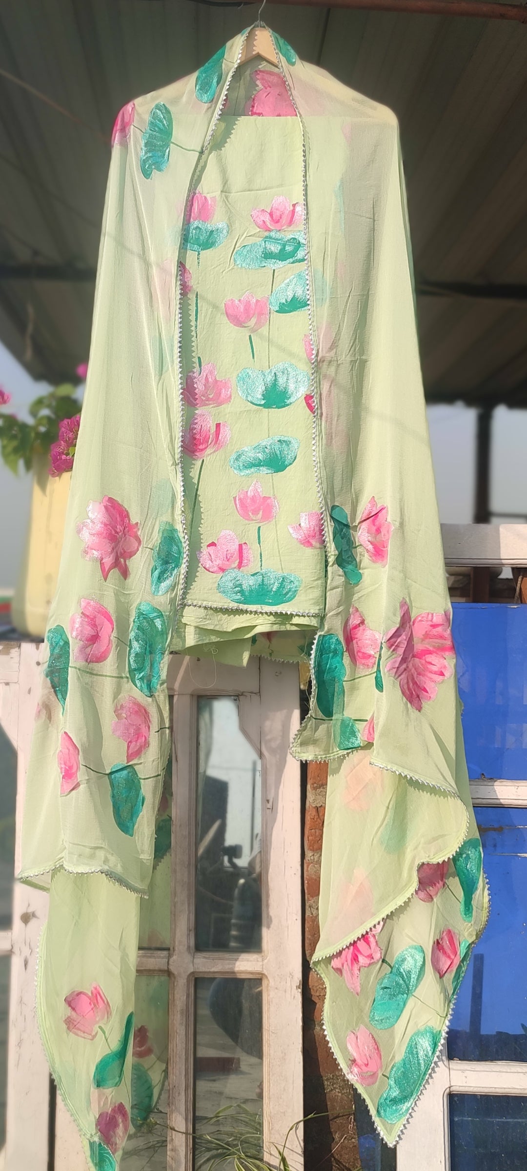 Hand painted  lotus on pista cotton suit with pure chiffon dupatta