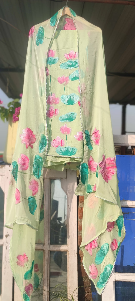 Hand painted  lotus on pista cotton suit with pure chiffon dupatta