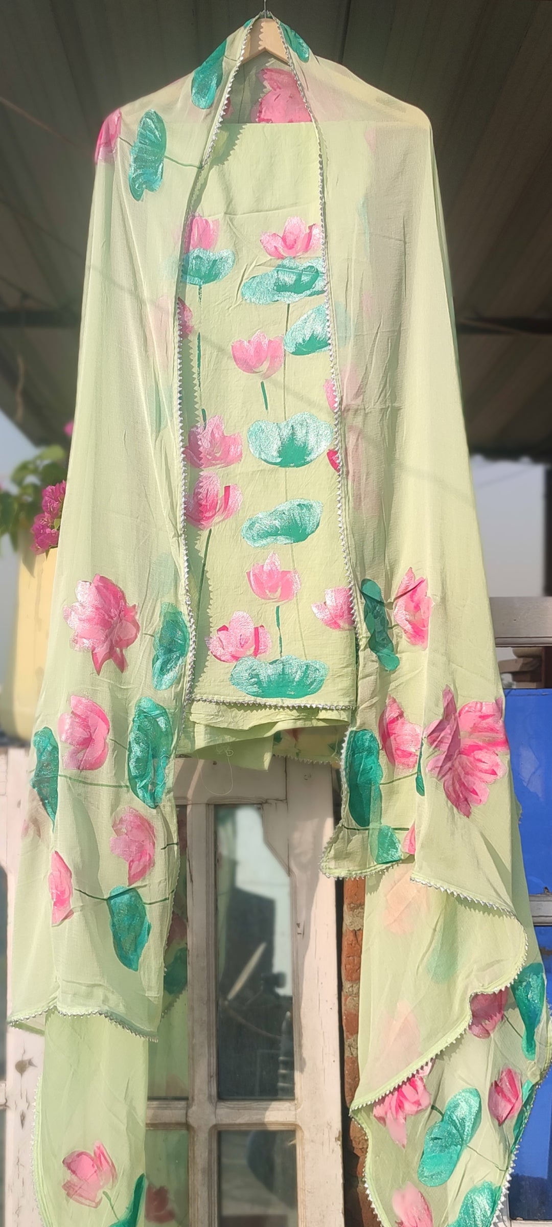 Hand painted  lotus on pista cotton suit with pure chiffon dupatta