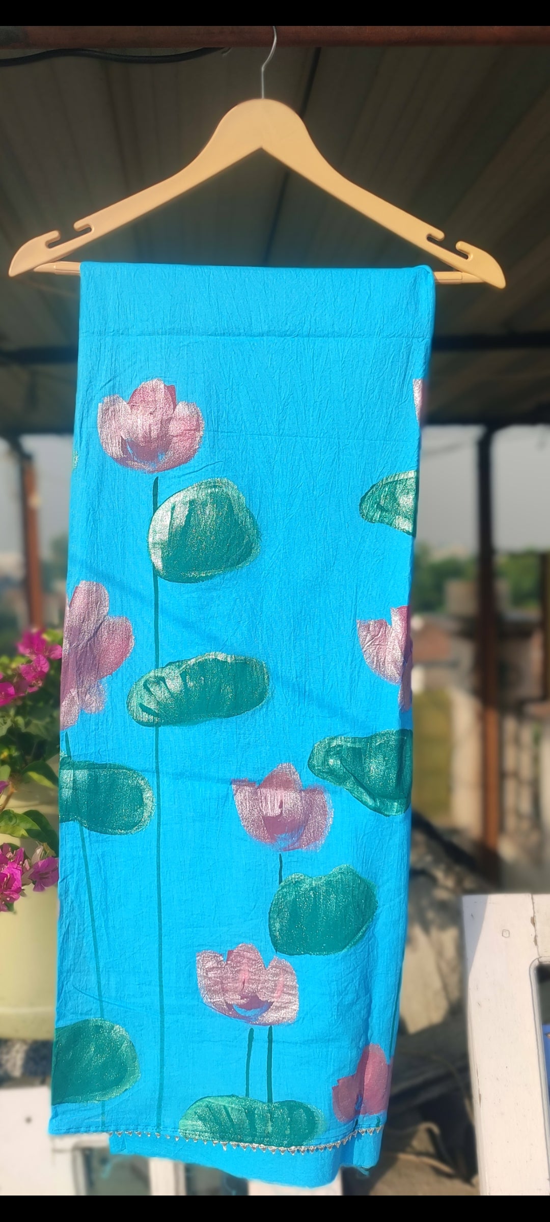 Hand painted lotus  on skyblue suit with pure chiffon dupatta