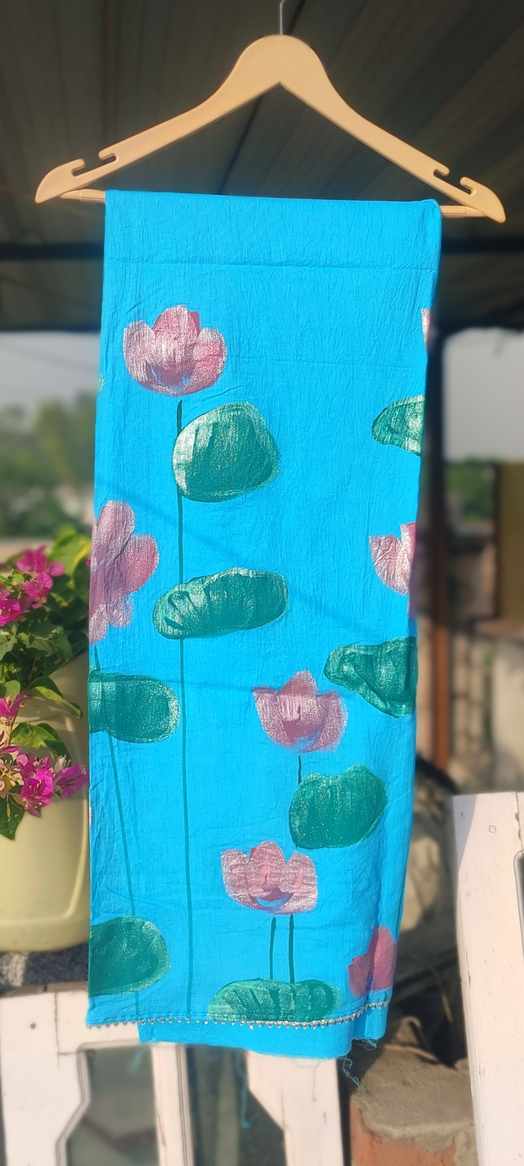 Hand painted lotus  on skyblue suit with pure chiffon dupatta