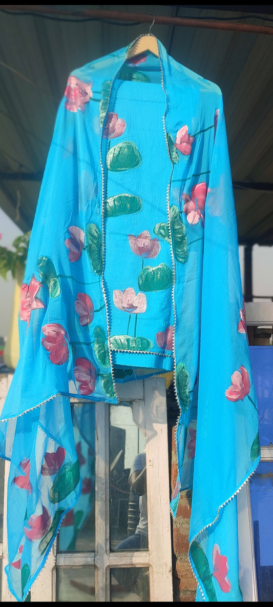 Hand painted lotus  on skyblue suit with pure chiffon dupatta