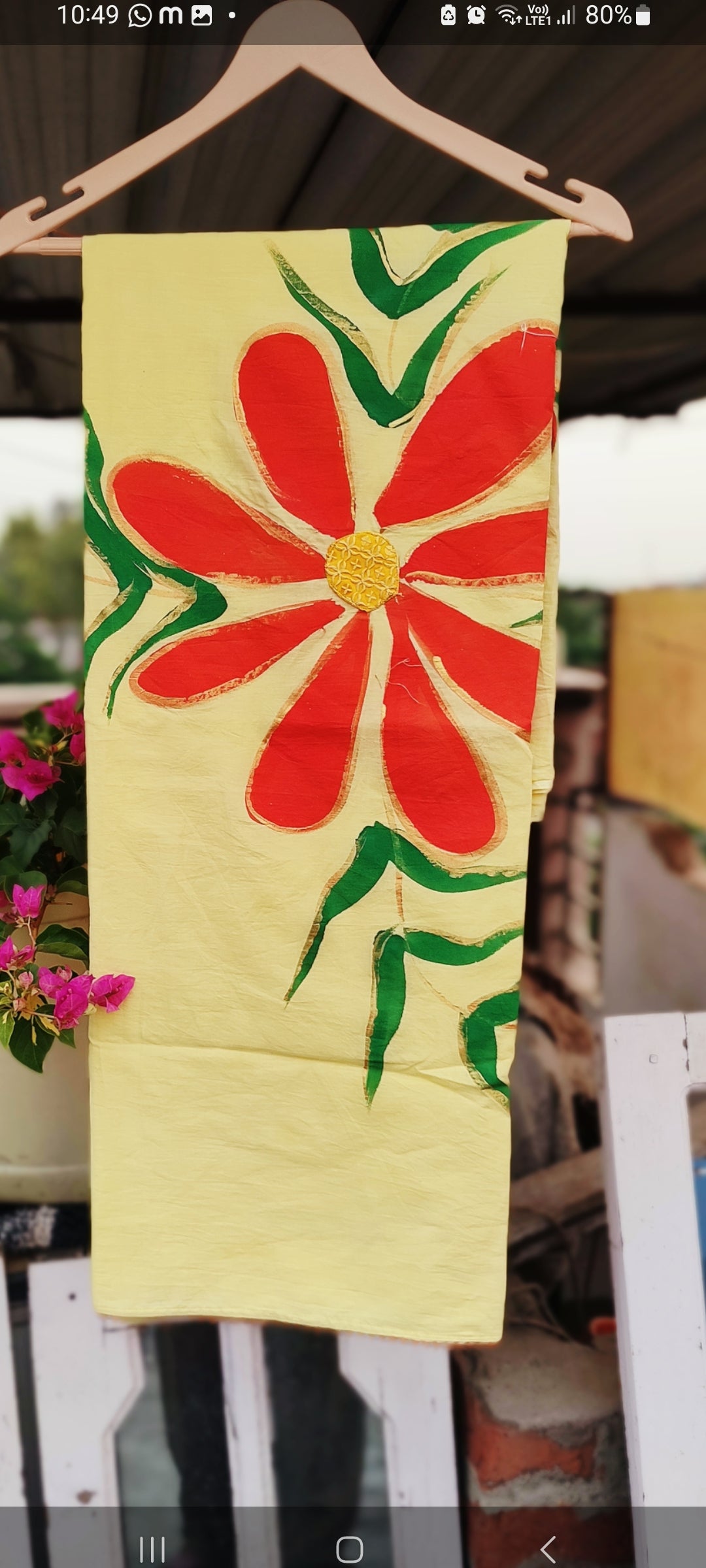 Hand-painted  cotton suit with organza  floral dupatta