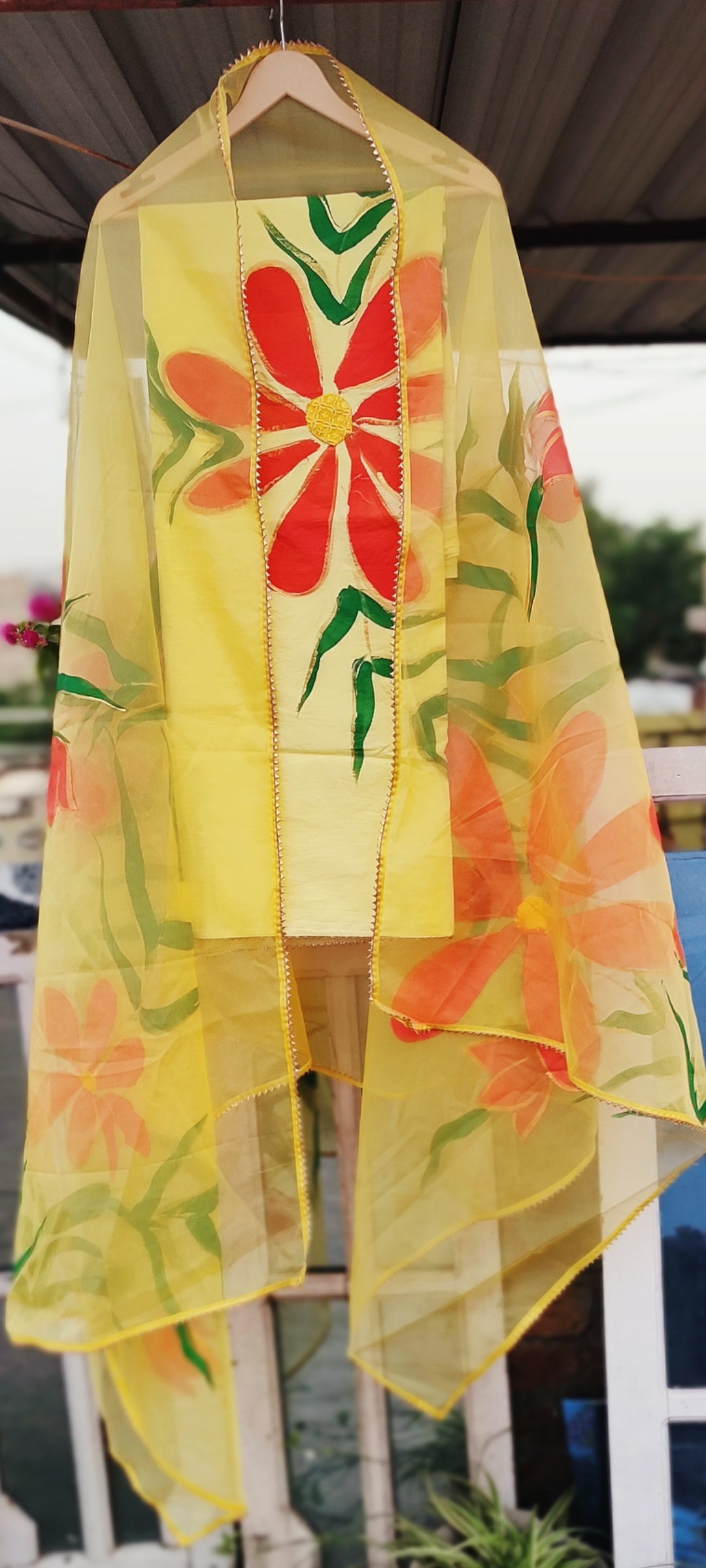 Hand-painted  cotton suit with organza  floral dupatta
