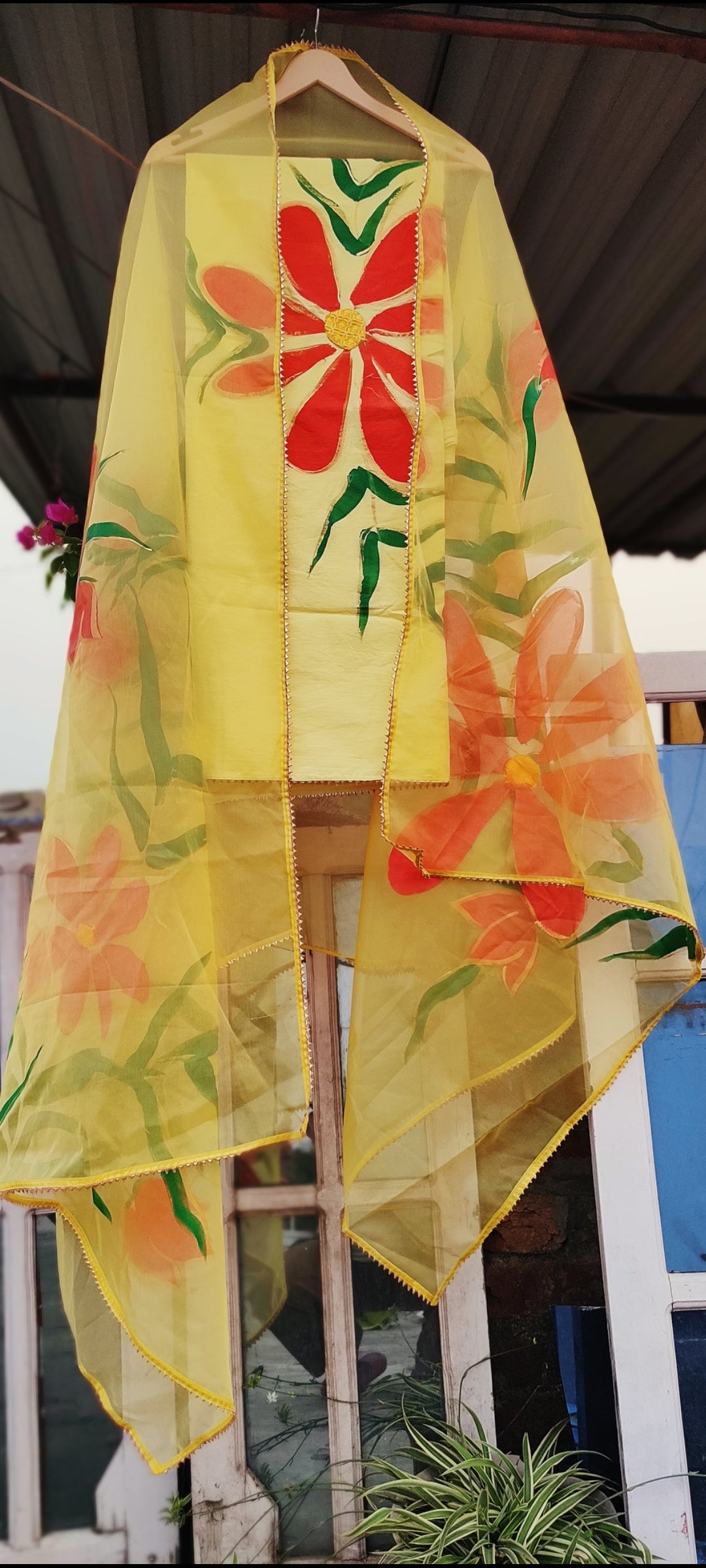 Hand-painted  cotton suit with organza  floral dupatta