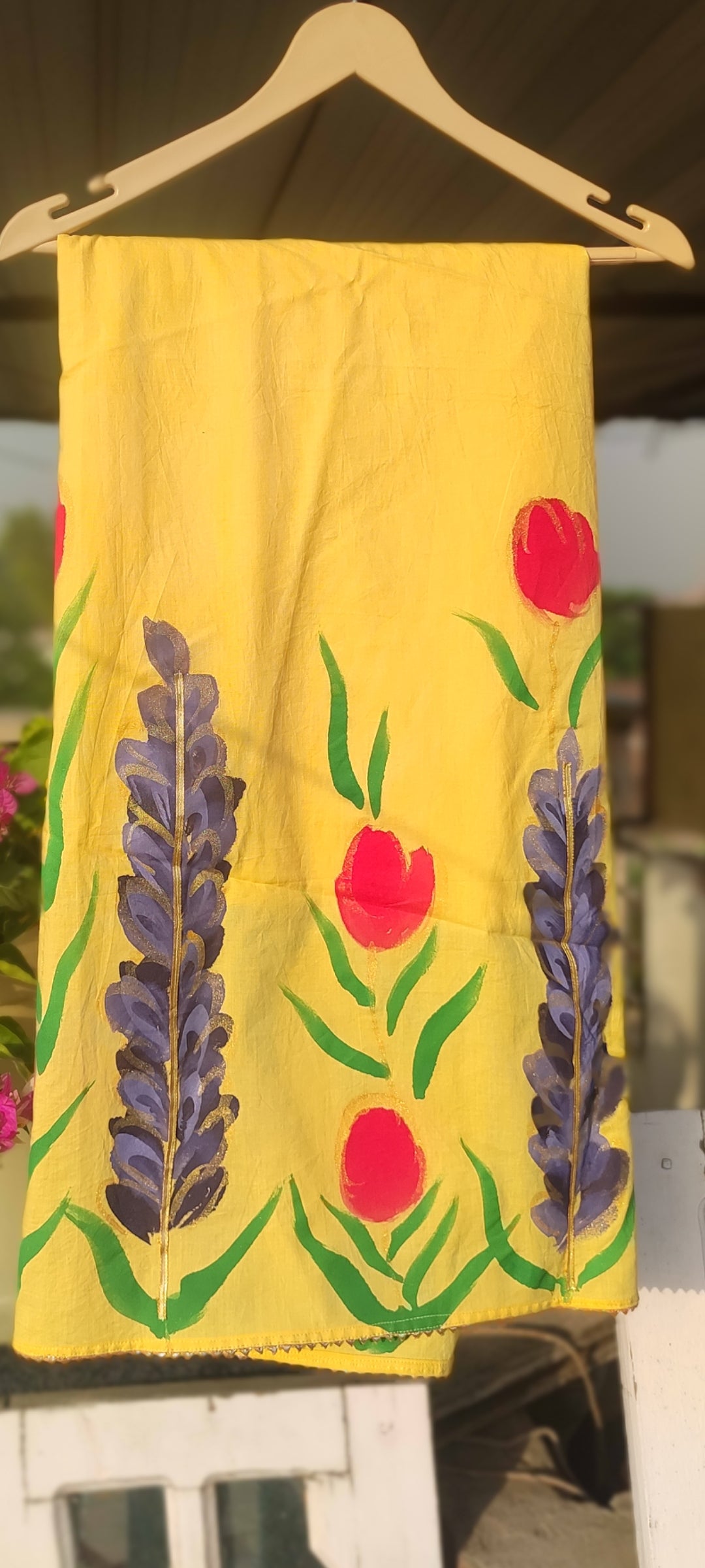 Hand-painted yellow suit with beautiful organza dupatta