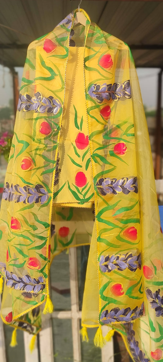 Hand-painted yellow suit with beautiful organza dupatta