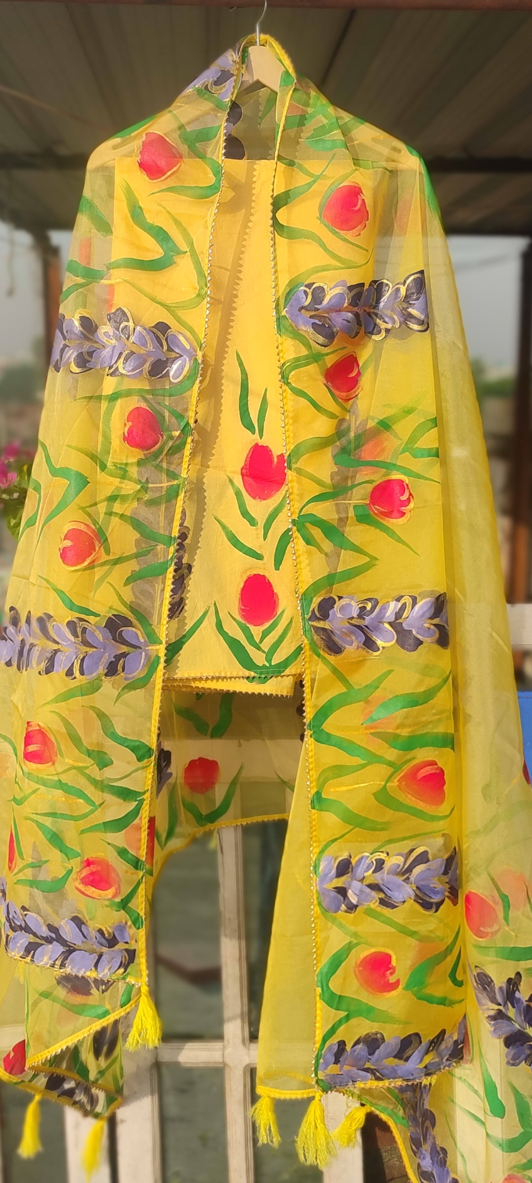 Hand-painted yellow suit with beautiful organza dupatta